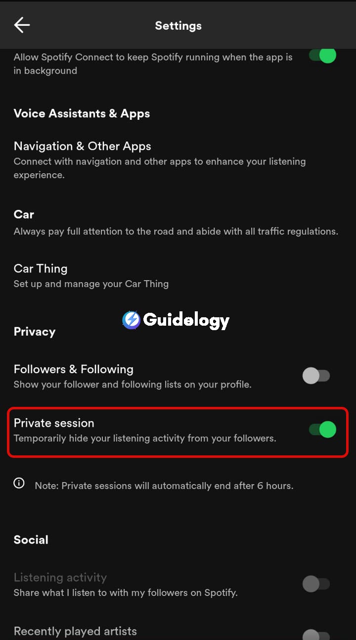 Enable Private Session on Spotify