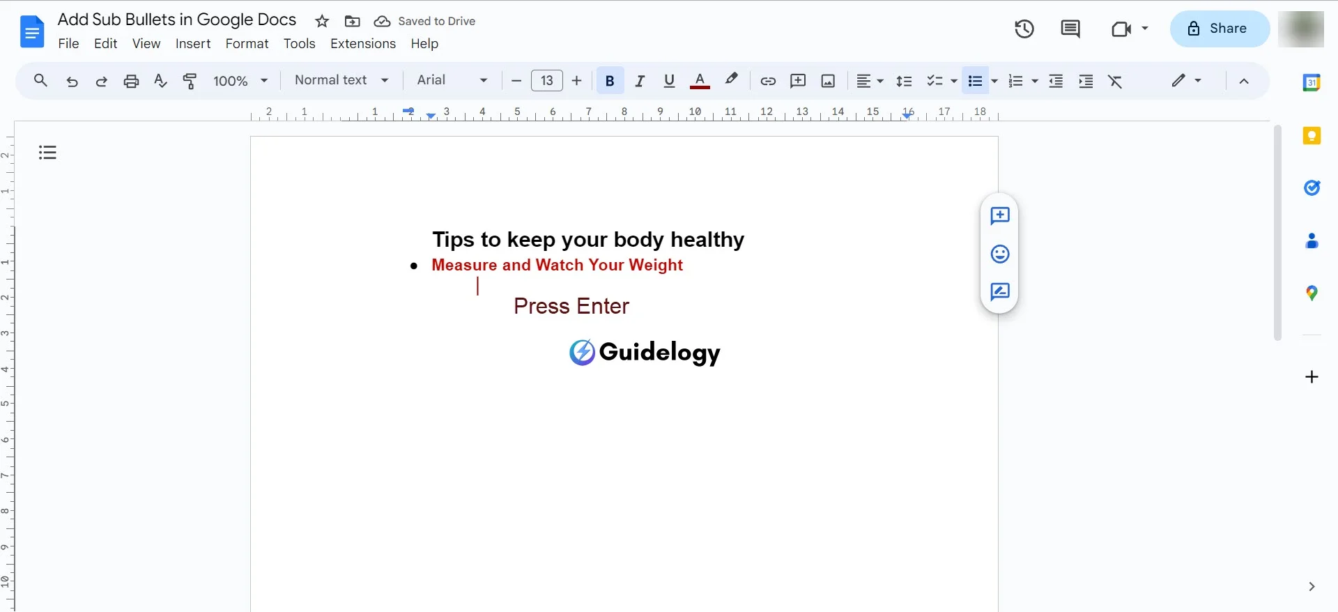 Add Sub Bullets in Google Docs