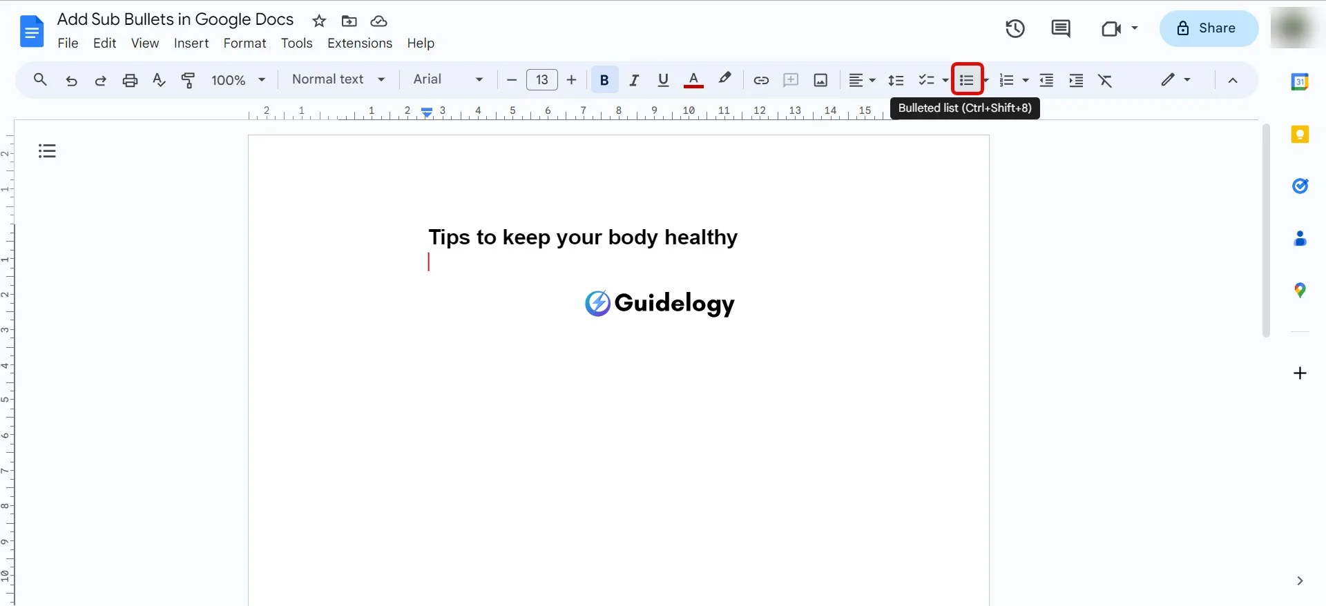 Add Sub Bullets in Google Docs