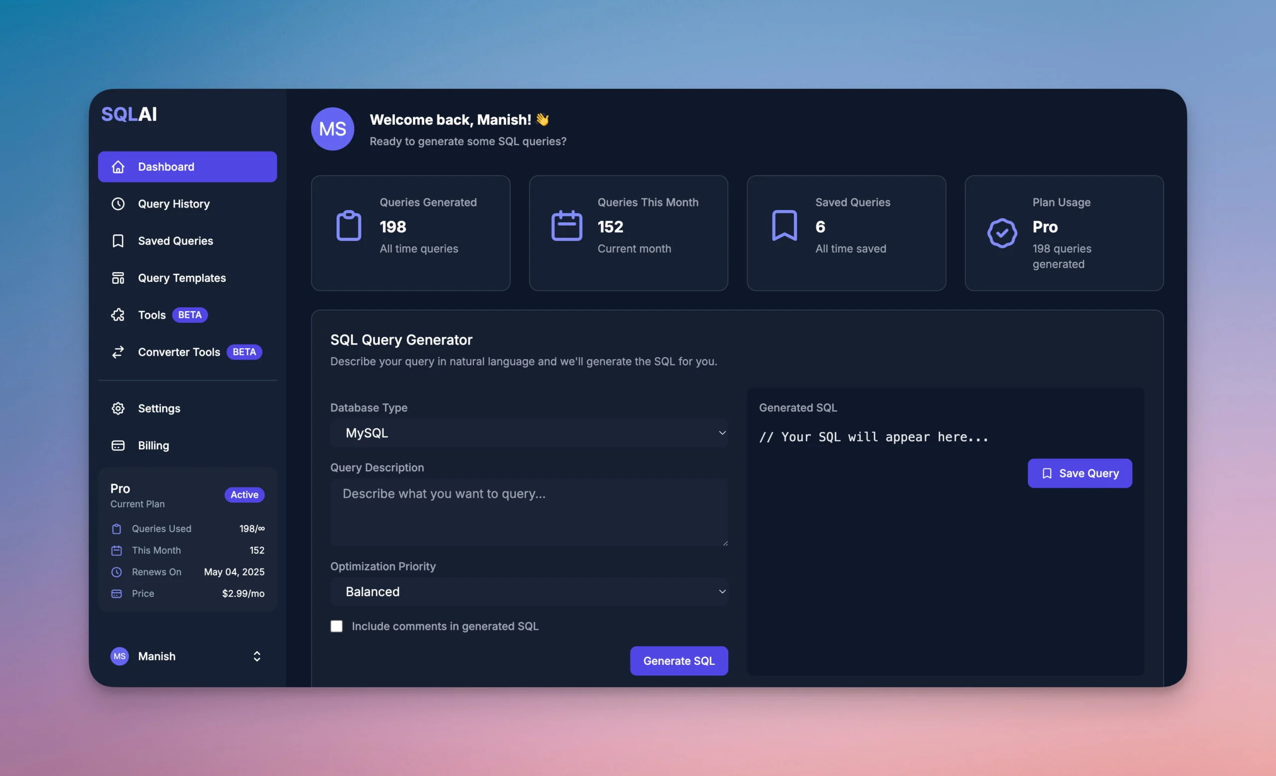 SQLAI APP - Dashboard